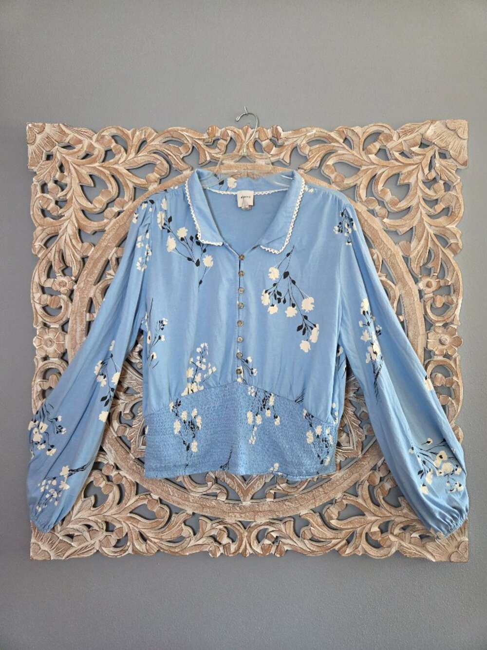 Anthropologie Maeve Smocked Buttondown Top Blue Blouse Floral Womens XL